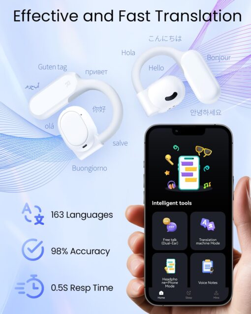 AI Translation Earbuds Real Time 163 Languages 80H Playtime Translator Ear Buds Audifonos Traductores Inglés Español Wireless Earphones Bluetooth Headphones for Travel Business Meeting Learning White - Image 4